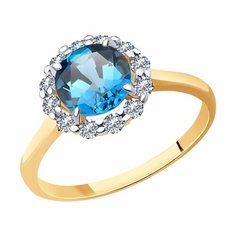 Кольцо Diamant online, красное золото, 585 проба, Лондон топаз, фианит, размер 18.5, ширина 10 мм, голубой