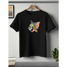 Футболка ONEQ унисекс 50-52 (XL) размер с принтом Том и Джерри, черная, размер XL, черный