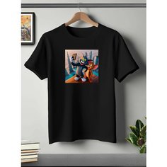 Футболка ONEQ унисекс 50-52 (XL) размер с принтом Том и Джерри, черная, размер XL, черный