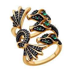 Кольцо Diamant online, серебро, 925 проба, золочение, фианит, размер 18, черный/зеленый