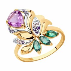 Кольцо Diamant online, красное золото, 585 проба, фианит, аметист, турмалин, размер 18, ширина 19 мм, бирюзовый, бесцветный, фиолетовый