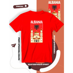 Футболка с принтом флагом Албании Albania замок, размер S, красный Lucky Style