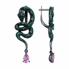 Серьги Diamant online, серебро, 925 проба, чернение, фианит, аметист, эмаль, длина 4.7 см, , фиолетовый/зеленый
