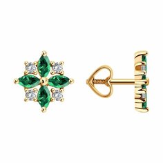 Серьги пусеты Diamant online, красное золото, 585 проба, изумруд синтетический, фианит, длина 1 см, , зелeный