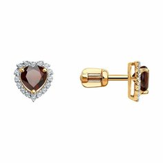 Серьги пусеты Diamant online, красное золото, 585 проба, фианит, гранат, длина 0.8 см, , красный