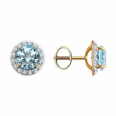 Серьги пусеты Diamant online, красное золото, 585 проба, фианит, топаз, длина 1 см, , голубой