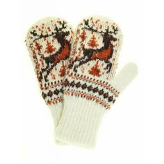 Варежки Русская шерсть Олени для женщин, размер 7 (18 см), коричневый, белый