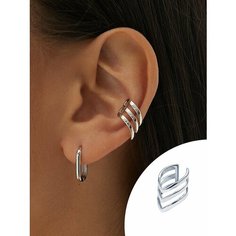 Моносерьга кафф MIESTILO, серебро, 925 проба, родирование, размер 11 мм, длина 1 см, , серебристый