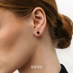 Серьги пусеты Infini, красное золото, 585 проба, фианит, эмаль, размер 7 мм, длина 0.7 см, , черный/золотой