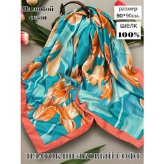 Платок GOLDEN GALA Тюльпаны для женщин,90х90 см, бирюзовый/коралловый