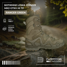 Ботинки берцы Lowa ZEPHYR Mk2 GTX® HI TF, размер 41, хаки, зеленый