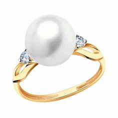 Кольцо Diamant online, красное золото, 585 проба, жемчуг, фианит, размер 16, белый