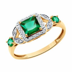 Кольцо Diamant online, красное золото, 585 проба, бриллиант, изумруд синтетический, размер 18, зеленый