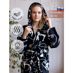Халат домашний теплый женский с капюшоном на запах, размер S, черный Comfort Fashion