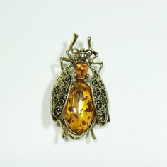 Брошь, янтарь прессованный, коричневый, золотой T&Z Mineral
