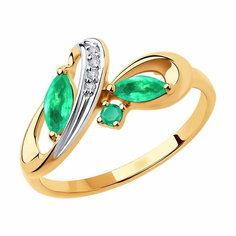 Кольцо Diamant online, красное золото, 585 проба, изумруд, бриллиант, размер 18.5, ширина 9 мм, бирюзовый
