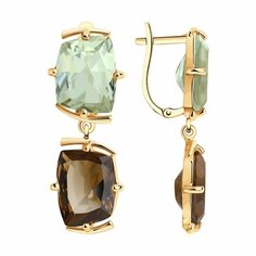 Серьги Diamant online, красное золото, 585 проба, аметист, раухтопаз, длина 3.3 см, , коричневый, зеленый