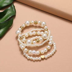 Комплект браслетов Fashion jewelry, жемчуг имитация, 4 шт., диаметр 6 см, золотистый, белый