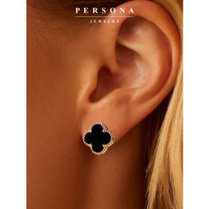 Серьги ПЕРСОНА, серебро, 925 проба, золочение, оникс, размер 12 мм, длина 1.2 см, , черный/золотистый