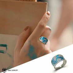 Кольцо Emay, фианит, эмаль, синий, серебряный