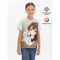 Футболка Lacotton.ru хлопковая детская Девочка и белый кот аниме, размер 158, мультиколор
