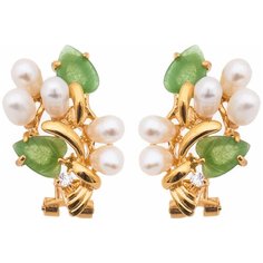 Серьги Lotus Jewelry, нефрит, жемчуг пресноводный культивированный, белый-зеленый