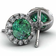 Серьги пусеты ( Verba ), циркон, размер 8 мм, изумрудный в серебре