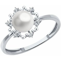 Кольцо Diamant, белое золото, 585 проба, бриллиант, жемчуг пресноводный культивированный, размер 17