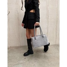 Сумка саквояж Shapely, фактура бархатистая, серый