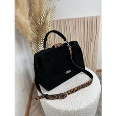 Сумка саквояж Shapely, 3 шт, фактура бархатистая, черный/леопард