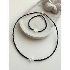 Комплект бижутерии: браслет, чокер, перламутр, бисер, размер браслета 16 см, размер колье/цепочки 38 см, черный Нет бренда