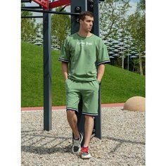 Костюм спортивный Jools Fashion мужской летний шорты майка, для прогулок, фитнеса, бега, для пляжнего отдыха цвет оливковый, размер 50, размер 50, мятный