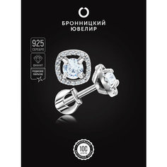 Серьги пусеты Бронницкий Ювелир, серебро, 925 проба, родирование, фианит, , серебристый