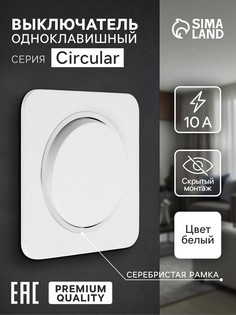 Выключатель, серия circular, 10 а, одноклавишный, скрытый монтаж, серебристая рамка, белый No Brand