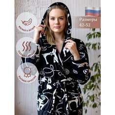 Халат домашний теплый женский с капюшоном на запах, размер XL, черный Comfort Fashion