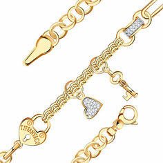Браслет Diamant online, красное золото, 585 проба, фианит, оникс, длина 18 см., прозрачный