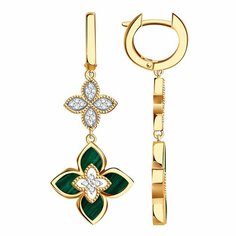 Серьги Diamant online, красное золото, 585 проба, родирование, малахит, фианит, длина 4.9 см, , зеленый