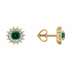 Серьги пусеты Diamant online, красное золото, 585 проба, изумруд синтетический, фианит, длина 0.8 см, , зелeный