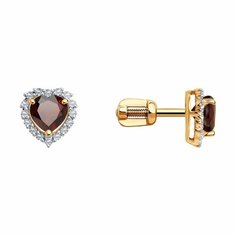 Серьги пусеты Diamant online, красное золото, 585 проба, фианит, гранат, длина 0.8 см, , красный