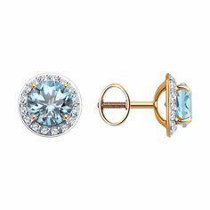Серьги пусеты Diamant online, красное золото, 585 проба, топаз, фианит, длина 1 см, , голубой