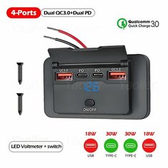 108 Вт, 12 В, USB-розетка, 4 порта, двойная 36 Вт PD USB-C и двойная розетка для зарядного устройства QC3.0, настенное крепление для автомобиля, лодки, морского мотоцикла, автофургона, New-4-Ports-108w нет