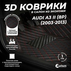 Кожаные 3D коврики в салон с бортами для Audi A3 II (8P) (2003-2013) черные с красной стежкой / Ауди А3 2 (8П) (2003-2013) Autozs