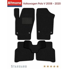 Ворсовые автомобильные коврики в салон "Стандарт" для Volkswagen Polo 5 2008 - 2020, черные, 5шт. / Фольксваген Поло 5 Allmone