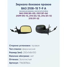Зеркало боковое правое ВАЗ 2108-2115 модель Т-9 А с тросовым приводом регулировки, с сферическим противоослепляющим отражателем золотистого тона. Без Обогрева. Политех Инструмент