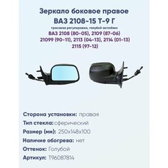 Зеркало боковое правое ВАЗ 2108-2115 модель Т-9 Г с тросовым приводом регулировки, с сферическим противоослепляющим отражателем голубого тона. Без Обогрева. Политех Инструмент