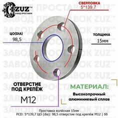 Проставка колёсная 1 шт 15мм 5*139,7 ЦО 98,5 отверстие под крепёж М12 ступичная без бортика для дисков 1 шт на ступицу 5x139,7 ZUZ