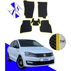 Автомобильные коврики EVA/ЕВА/ЭВА для Volkswagen Polo 5 (V) седан 2010-2020 черный желтый Avtoso