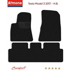 Коврики текстильные Allmone "Комфорт" для Tesla Model 3 2017 - Н. В. задний цельный, черные, 3шт. / Тесла Модел 3 / ворсовые / автоковрики в салон