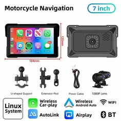 Jansite 7-дюймовый мотоциклетный видеорегистратор, беспроводной Apple Carplay Moto Android Auto, ЖК-дисплей, IP67, водонепроницаемый монитор, GPS-навигация, портативный, 7 inch Moto-2 DVR, Черный Srnubi