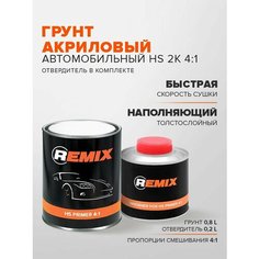 ГРУНТ автомобильный акриловый HS 2K 4:1 СЕРЫЙ 0,8 л + 0,2 л отвердитель / REMIX HS PRIMER / двухкомпонентная грунтовка